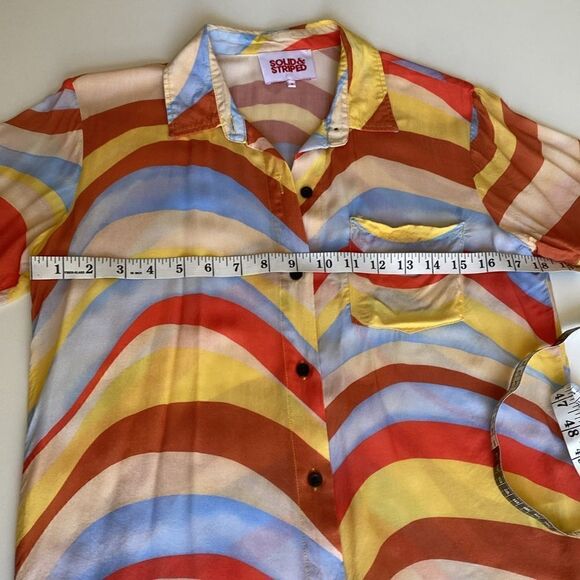 Solid and Striped Blue Orange and Cream Retro Wave 70's Style Button Down Shirt - Picture 12 of 14